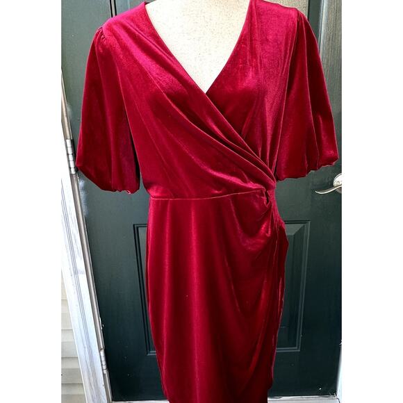 DKNY Red Velvet Surplice Neckline Puff Sleeves Dress Sz 12 Holiday Event Party - Picture 1 of 7